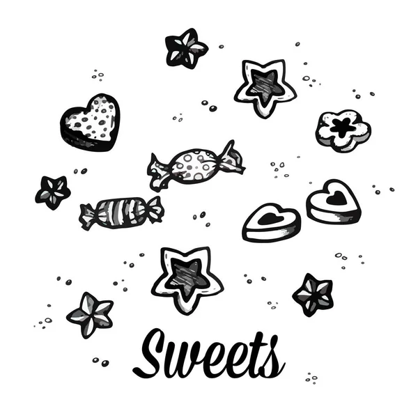 Sweets Cookies Candies Sketch Hand Drawn Vector Illustration Isolated White — Stock Vector