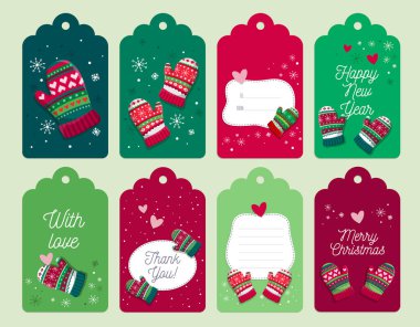 Eldivenli ve kar taneli sekiz adet Noel etiketi koleksiyonu. Yeni yıl kutlamaları için şablon, kış tatili etiketleri, dekorasyonlar.