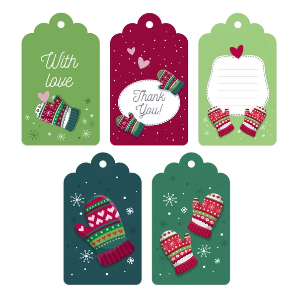 Set Five Christmas Tags Collection Mittens Snowflakes Template New Year — Stock Vector