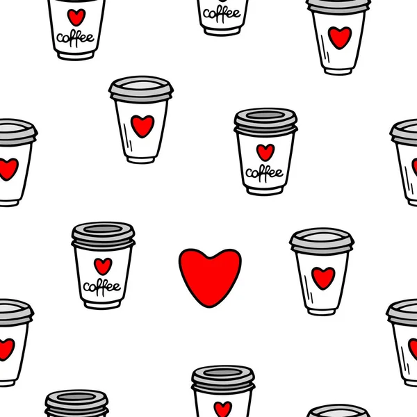 Encanta Café Lindo Patrón Sin Costuras Dibujado Mano Con Elementos — Vector de stock