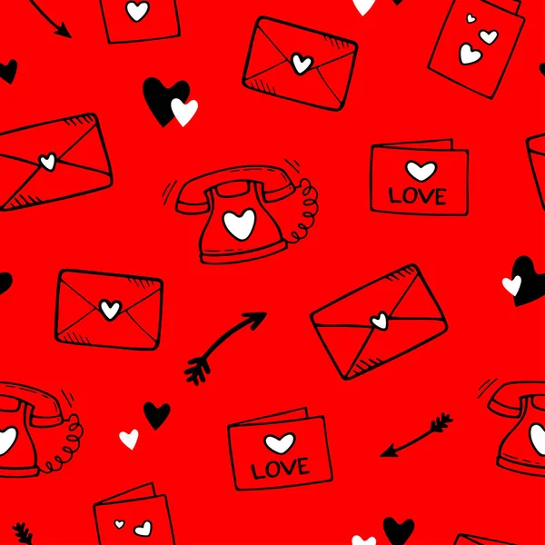 Χαριτωμένο Χέρι Που Χωρίς Ραφή Μοτίβο Αγάπη Doodles Στοιχεία Κόκκινο — Διανυσματικό Αρχείο