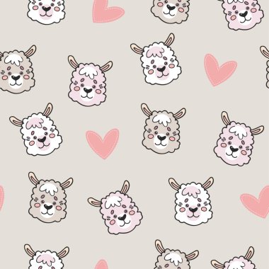 Karalama hayvanlarıyla şirin, pürüzsüz bir desen. Lama. Kumaş, ambalaj kağıdı, tekstil, duvar kağıdı, giysi, çocuk odası dekorasyonu için çocuksu bir arka plan. Vektör illüstrasyonu. 