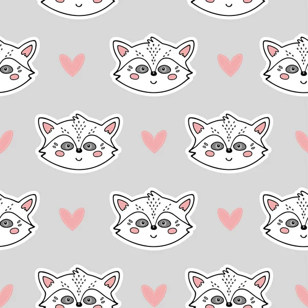 Karalama yapan hayvanlarla şirin, pürüzsüz desenler. Rakunlar. Kumaş, ambalaj kağıdı, tekstil, duvar kağıdı, giysi, çocuk odası dekorasyonu için çocuksu bir arka plan. Vektör illüstrasyonu. 