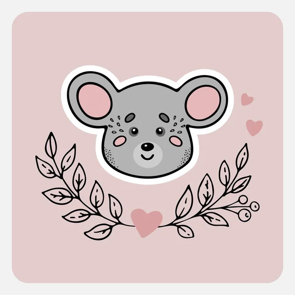 Мышь Симпатичное Веселое Ручное Животное Сердцами Листьями Ветвями Карикатурные Рисунки — стоковый вектор