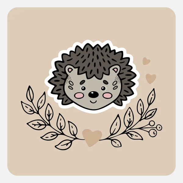 Hedgehog Bonito Animal Engraçado Desenhado Mão Com Corações Folhas Ramos — Vetor de Stock
