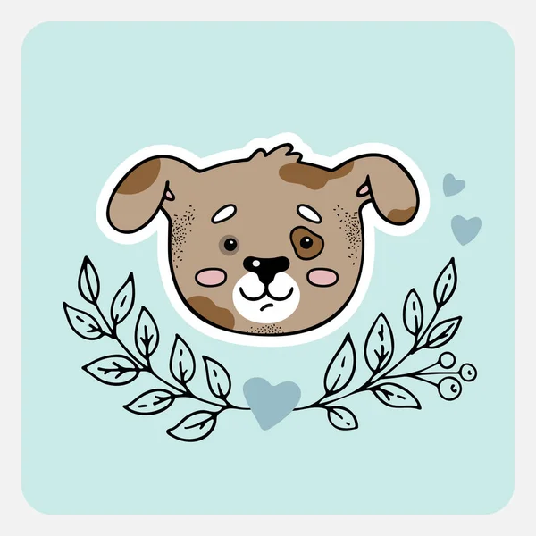 Cão Cachorrinho Bonito Animal Engraçado Desenhado Mão Com Corações Folhas — Vetor de Stock