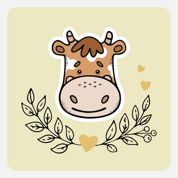 İnek, öküz. Kalpleri, yaprakları ve dalları olan sevimli, komik bir el çizimi hayvan. Çizgi film çizim stili. Kart, afiş, poster, bebek bezi, çıkartma, çocuk odası için iç malzemeler için vektör illüstrasyonu.