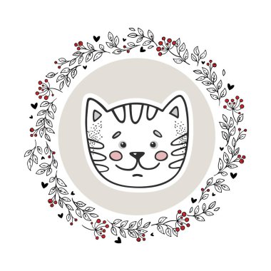 Beyaz arka planda izole edilmiş hayvan logosu. Çember çizim vektör çerçevesinde el çizimi kedi. Eski tarz. Çocuk odası, çocuk kıyafetleri, selamlama, davetiye ve dilek kartları için mükemmel. Bebek partisi teması.