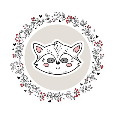 Beyaz arka planda izole edilmiş hayvan logosu. El çizimi rakun daire çizimi vektör çerçevesi. Eski tarz. Çocuk odası, çocuk kıyafetleri, selamlama, davetiye ve dilek kartları için mükemmel. Bebek partisi teması.