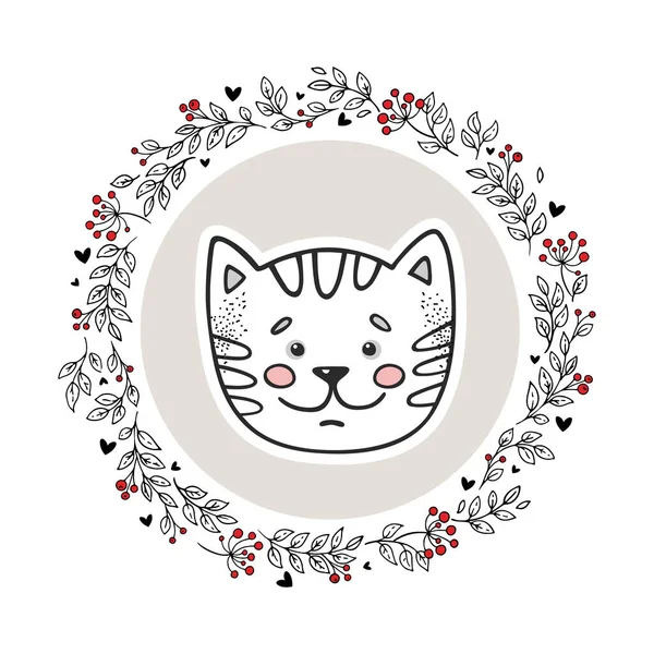 Beyaz arka planda izole edilmiş hayvan logosu. Çember çizim vektör çerçevesinde el çizimi kedi. Eski tarz. Çocuk odası, çocuk kıyafetleri, selamlama, davetiye ve dilek kartları için mükemmel. Bebek partisi teması.