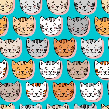 Güzel kedileri olan sevimli, kusursuz bir desen. Kumaş, ambalaj kağıdı, tekstil, duvar kağıdı, giysi, çocuk odası dekorasyonu için çocuksu bir karikatür arka planı. Yavru kediler. Çocuk çizgi film vektör geçmişi. Vektör illüstrasyonu. 