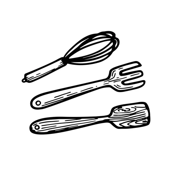 Mutfak ahşap aletleri. Çizgi sanat vektörü çizimi beyaz arkaplanda izole edildi. Mutfak aletleri. Spatula, çatal, tasarım, etiket ve logo için mutfak çırpıcı.