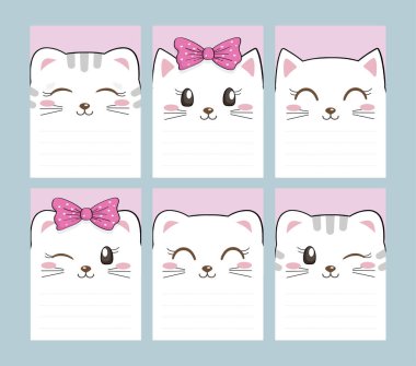 Set of notebook pages. Speech emoji notes template. Cats and kittens. White head face square icon with empty space for text. Cute cartoon kawaii funny character. Flat design. Happy Valentines Day   clipart