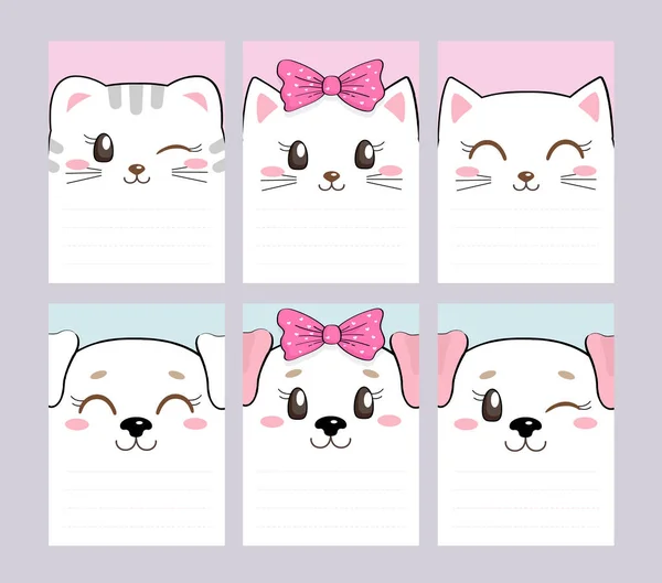 一组笔记本页 演讲稿的模板 猫和狗 白头面正方形图标 空格为文字 可爱的卡通卡瓦有趣的角色 平面设计 — 图库矢量图片