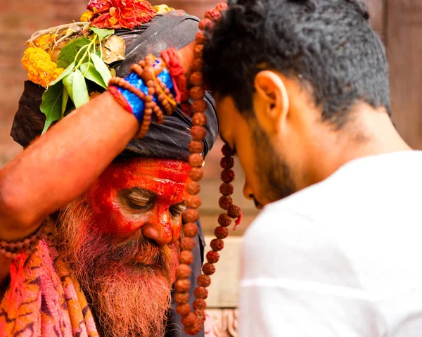 Pashupatinath Nepal July 2018 Holy Sadhu Man Traditional Painted Face — Stock Photo, Image