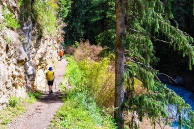 Annapurna koruma alanı, Nepal - 19 Temmuz 2018: Grup backpackers Annapurna koruma alanı içinde yürüyüş yolu üzerinde bir sıcak nokta hedefi dağcıların ve Nepal'ın en büyük koruma alani