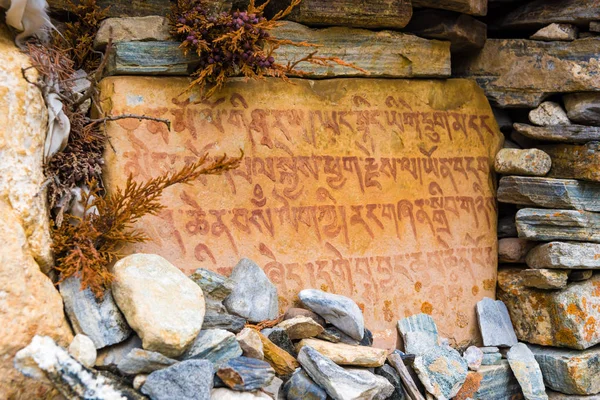 アンナプルナ保護区 ネパール 2018 古代仏教ネパール アンナプルナ保全地域のトレッキング パス上の神聖な宗教的なマントラと石の彫刻 — ストック写真