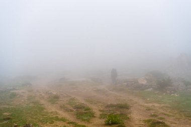 Tanınmayan backpacker Annapurna koruma alanında, Nepal, sisli yürüyüş yolu üzerinde bir etkin nokta hedefi parkur ve Nepal'ın en büyük koruma alanı