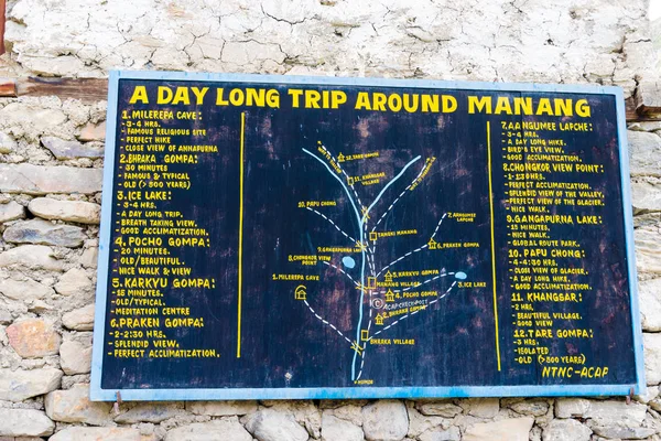 Annapurna Conservation Area Nepal July 2018 Touristic Information Sign Manang — Stock Photo, Image