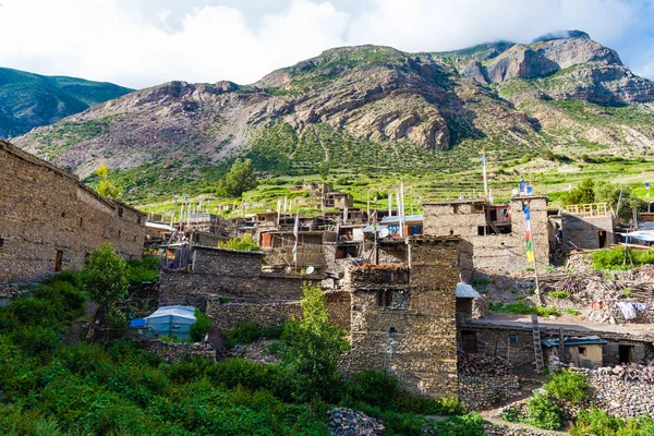 Aldeia Manang Annapurna Conservation Area Nepal Julho 2018 Arquitetura Tradicional — Fotografia de Stock