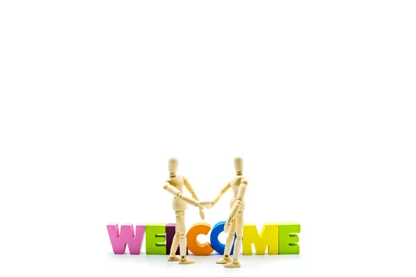 Wooden Figures Posing Business Men Shaking Hands Front Word Welcome — Stock Photo, Image