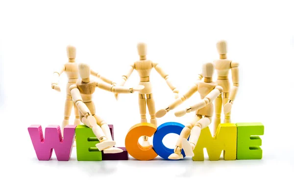 Wooden Figures Posing Business Men Word Welcome High Key Isolated — Stock Photo, Image