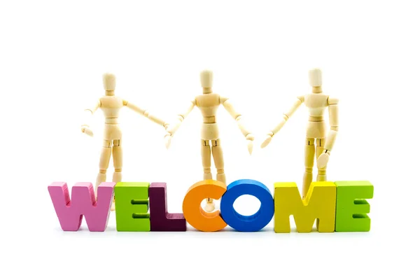 Wooden Figures Posing Business Men Word Welcome High Key Isolated — Stock Photo, Image
