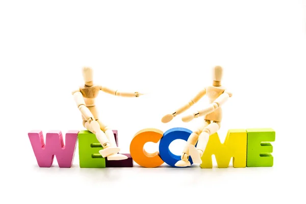 Wooden Figures Posing Seating Business Men Word Welcome High Key — Stock Photo, Image