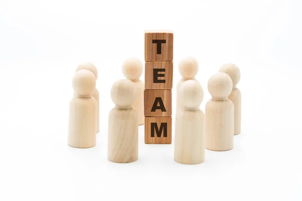 Wooden Figures Business Team Circle Word Team Isolated White Background — Stock Photo, Image