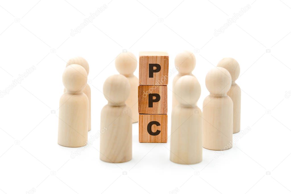 Wooden figures as business team in circle around acronym PPC Pay Per Click, isolated on white background, minimalist concept