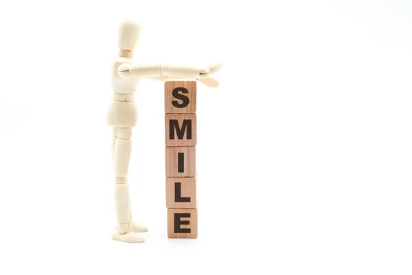Wooden Figure Businessman Building Smile Tower Wood Cubes Isolated White — Stock Photo, Image
