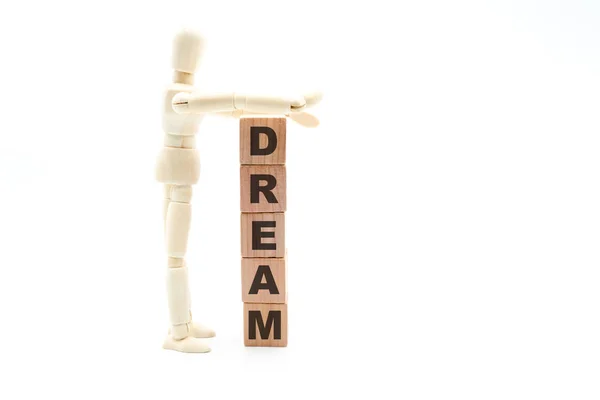 Wooden Figure Businessman Building Dream Tower Wood Cubes Isolated White — Stock Photo, Image