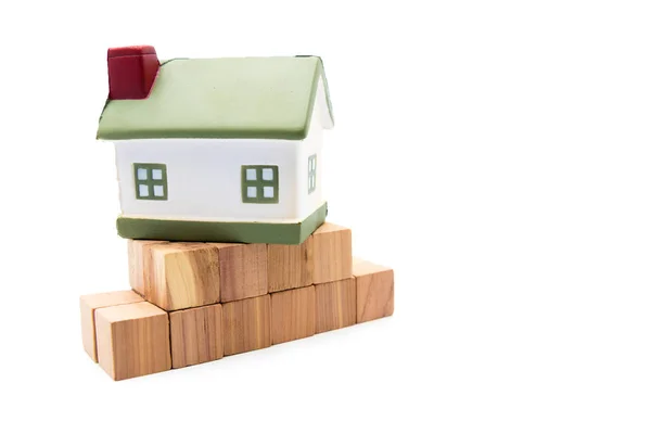 Miniature Model House Fundation Wooden Cubes Isolated White Real Estate — Stock Photo, Image