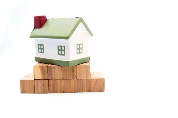 Miniature Model House Fundation Wooden Cubes Isolated White Real Estate — Stock Photo, Image