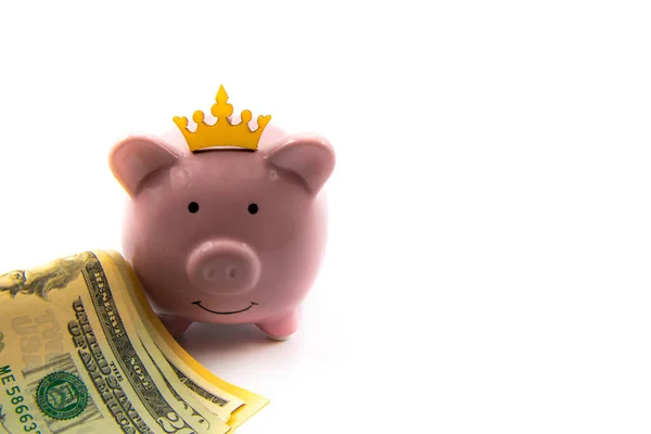 Pinkfarbenes Sparschwein Mit Goldener Krone Und Stapel Von Dollar Davor — Stockfoto