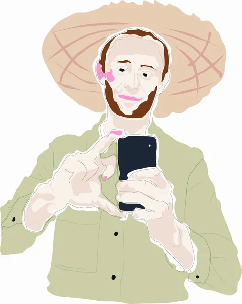 Hombre Con Sombrero Toma Una Selfie Teléfono — Vector de stock