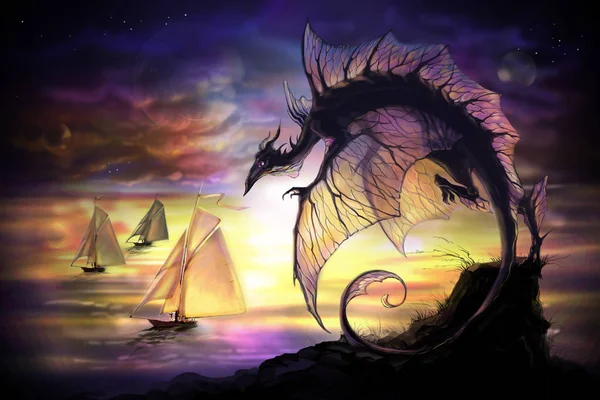 Zeichentrickdrache und Segelschiff in einer anderen Welt — Stockfoto