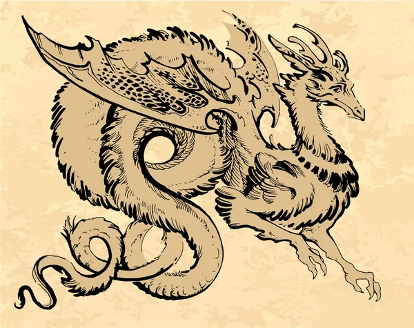 Dragon ailé brun dans le style asiatique avec une longue queue — Image vectorielle