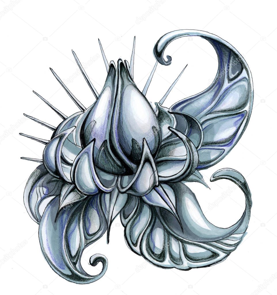 Steel flower of a lotus with thorns and scales, a symbol of reliability, safety and protection