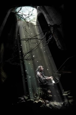 Yıkılan Kule piyanist güneş ışığı kirişler çalış