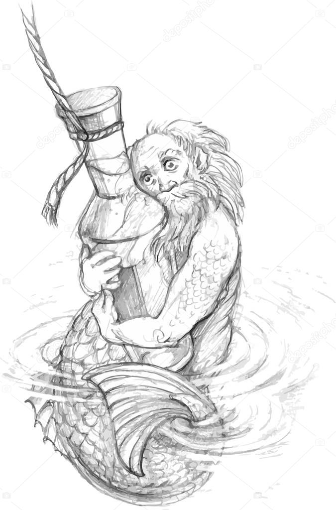 water old man covered with scales holds a bottle