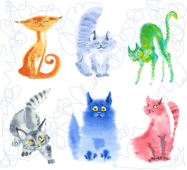 emotional curious kittens in style of the handdraw. watercolor