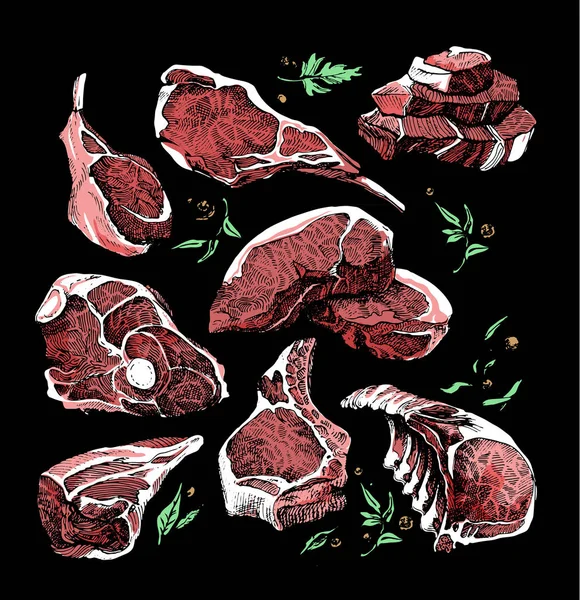 Dibujo a color de diferentes trozos de carne. conjunto — Vector de stock