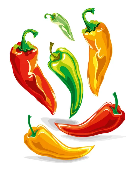 Égő hot chili peppers tricolor vektor beállítása — Stock Vector