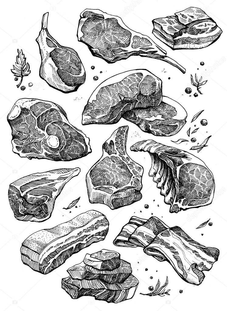 black and white ink sketch of fresh meat products