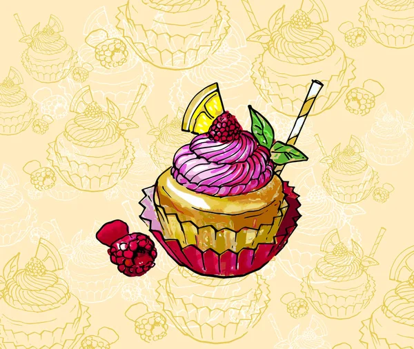 El boceto con magdalena. pastel de frambuesa dulce — Vector de stock