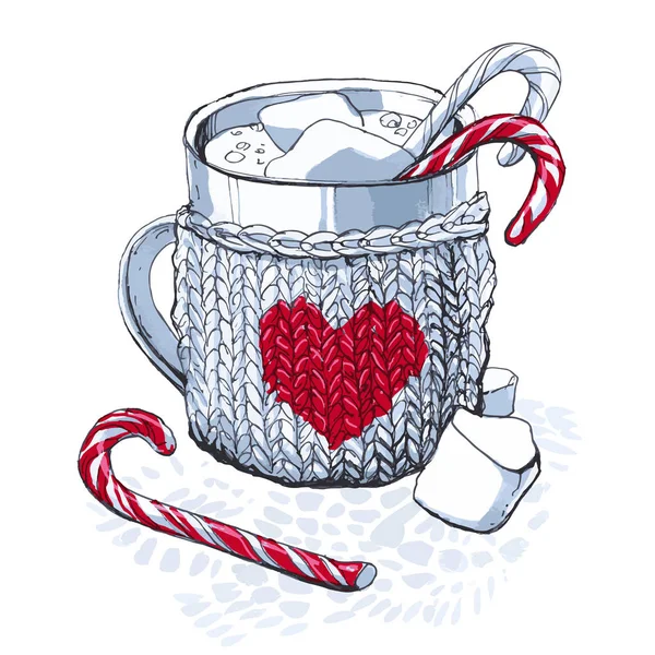 Une tasse grise tricotée avec un cœur — Image vectorielle