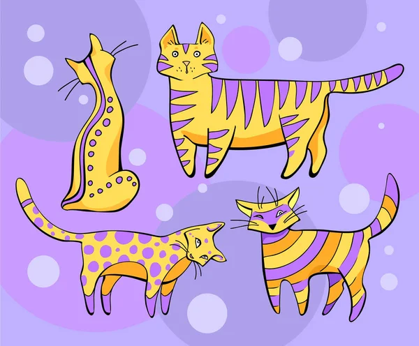 Желтый - фиолетовые кошки на сиреневом фоне — стоковый вектор