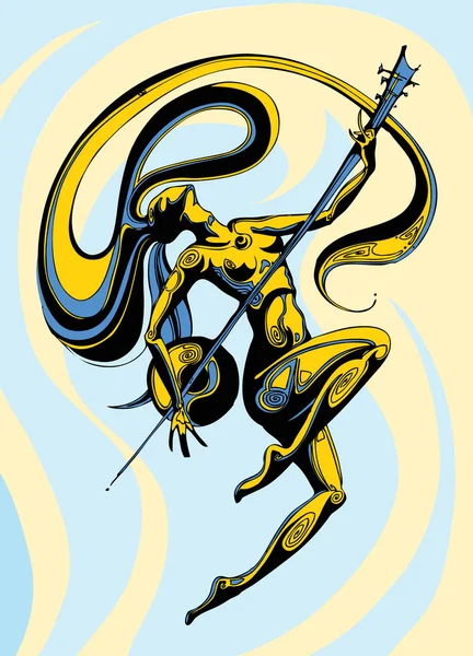 Chica de pelo largo bailando con un sintar sobre un fondo con un azul y amarillo — Archivo Imágenes Vectoriales