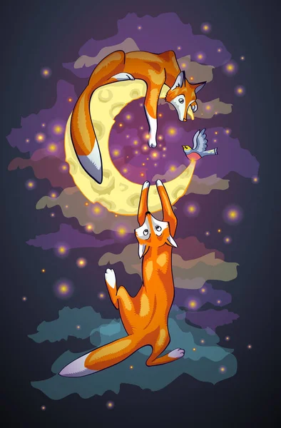 Foxes on the cheese moon at night — Stock Vector